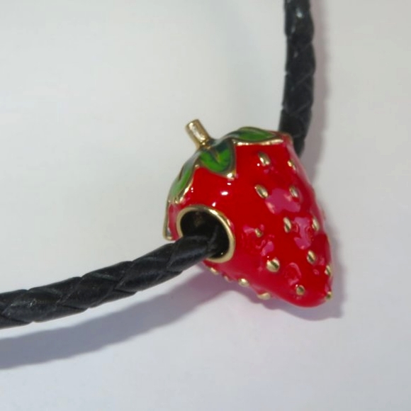 Cute Enamel Strawberry "Summer Delight" Necklace On Black Woven Leather Cord - Picture 6 of 8